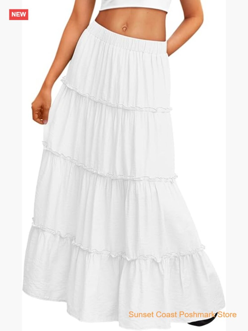 Boho Maxi Skirt High Waist A-Line Ruffled Hem with Pockets